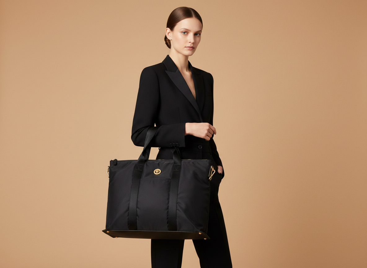 Versace La Medusa Black Nylon Tote Bag — held by model in studio