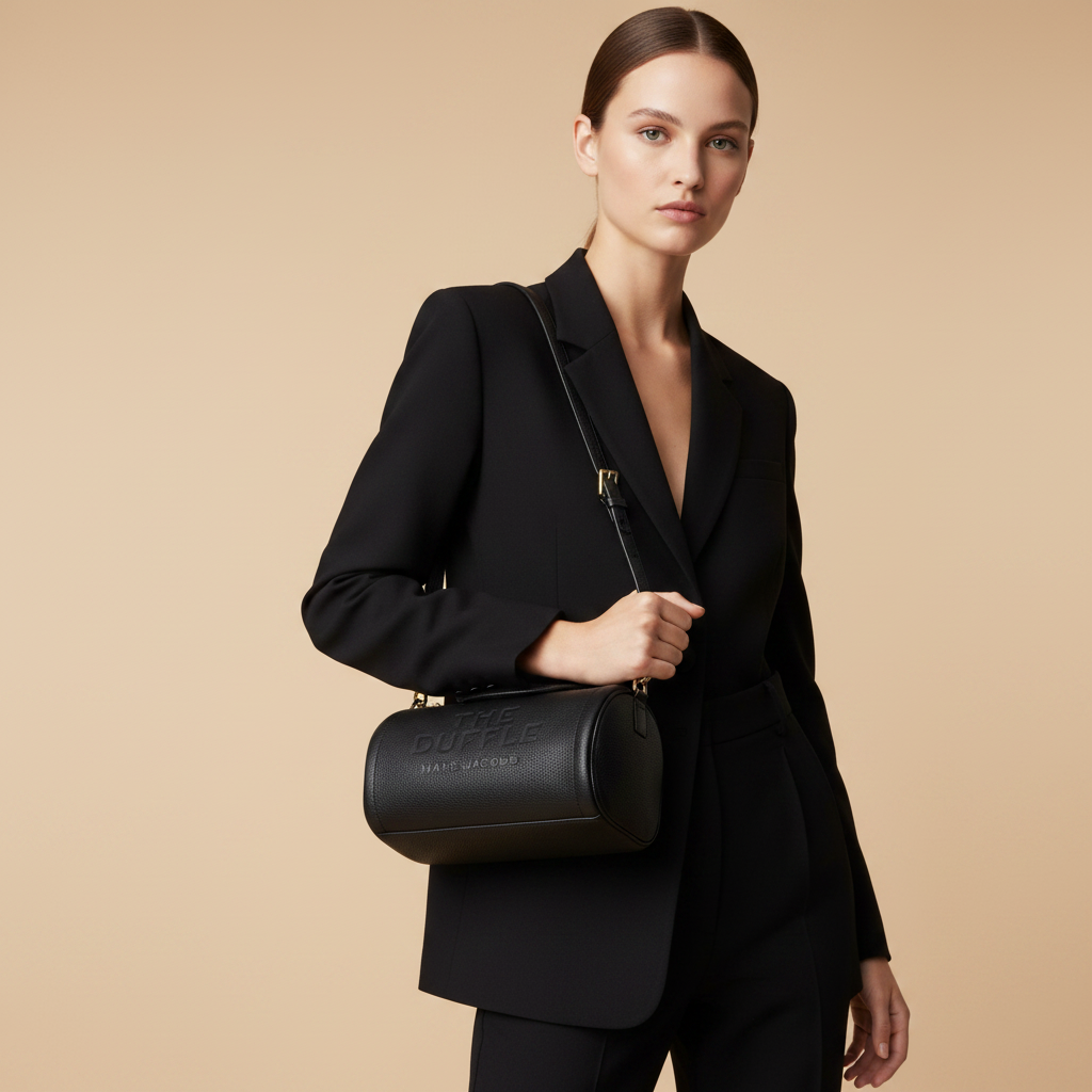 Marc Jacobs The J Marc Black Leather Shoulder Bag — held by model in studio