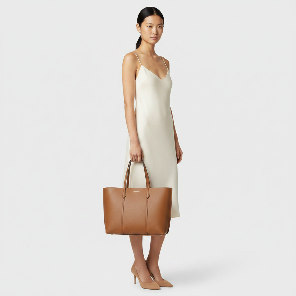 Tory Burch Perry Brown Calf Leather Tote Bag — held by model in studio
