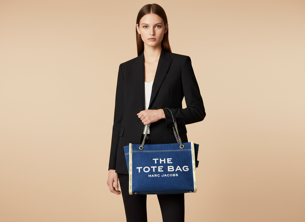 Marc Jacobs The Denim Chain Medium Tote Bag — held by model in studio