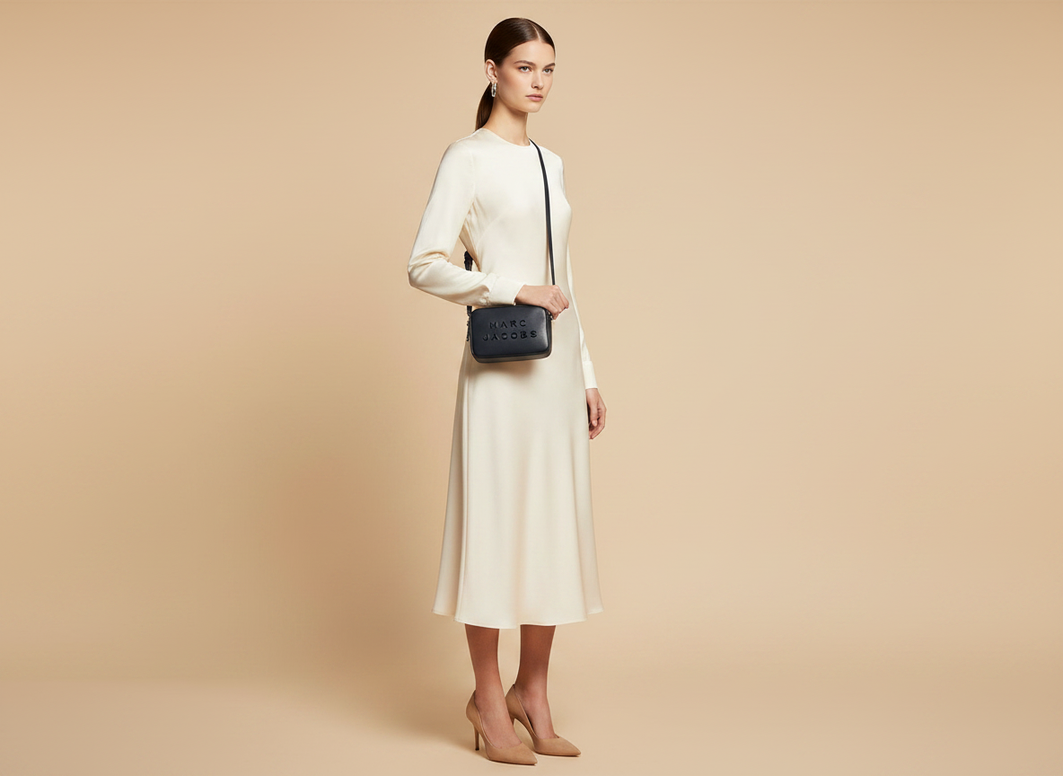 Marc Jacobs The Flash Leather Camera Crossbody Bag — held by model in studio