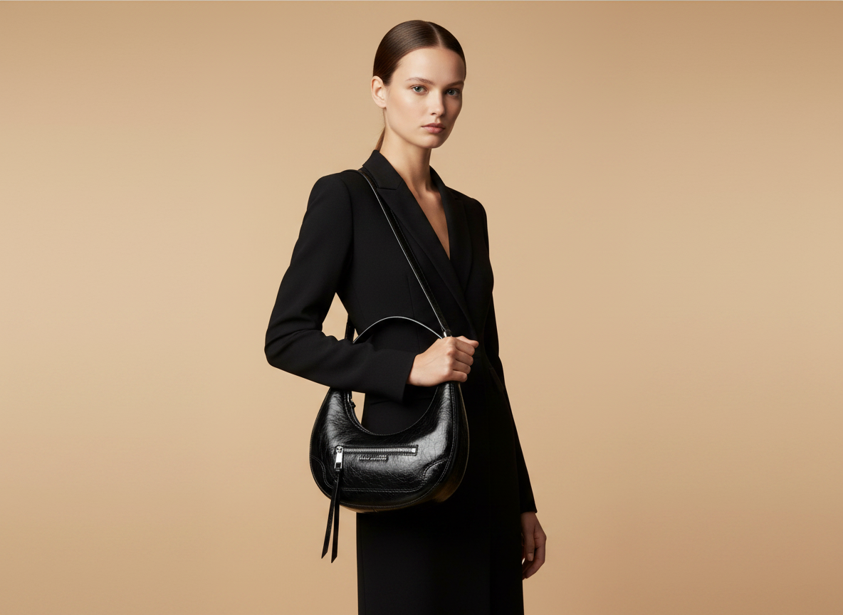Marc Jacobs The Cruiser Small Crescent Crinkle Leather Shoulder Bag — held by model in studio