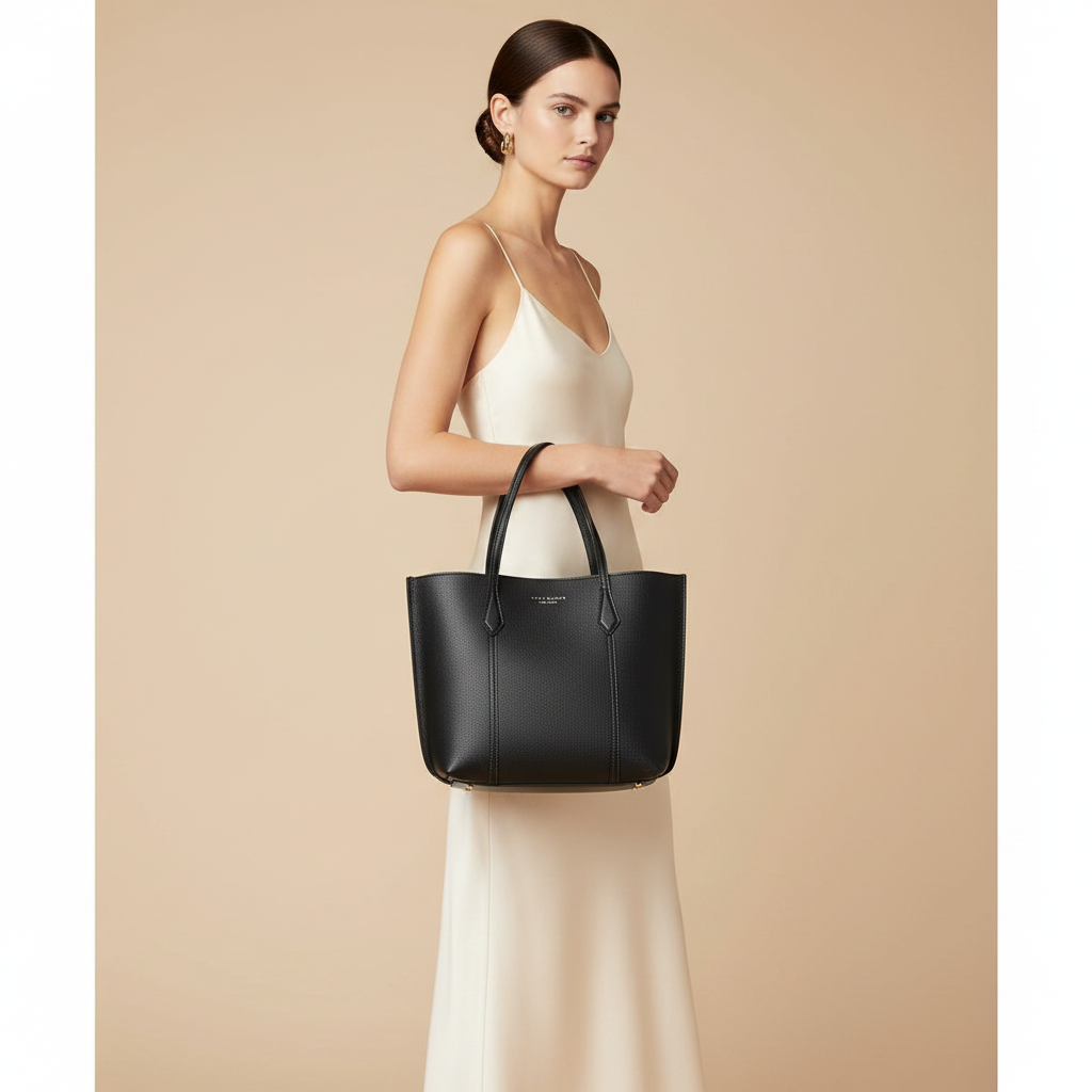 Tory Burch Perry Black Calf Leather Tote Bag — held by model in studio