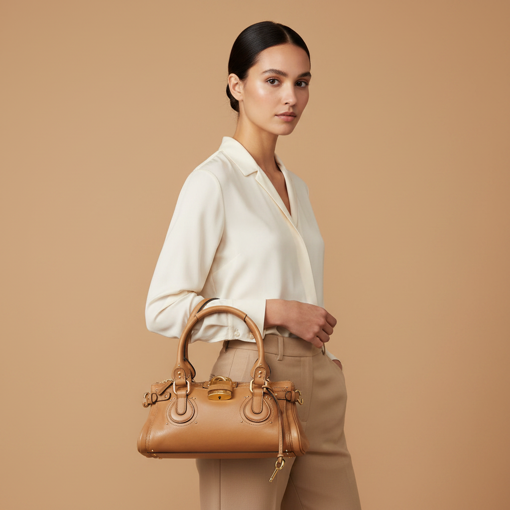 Chloé Paddington Brown Buffalo Leather Shoulder Bag — held by model in studio