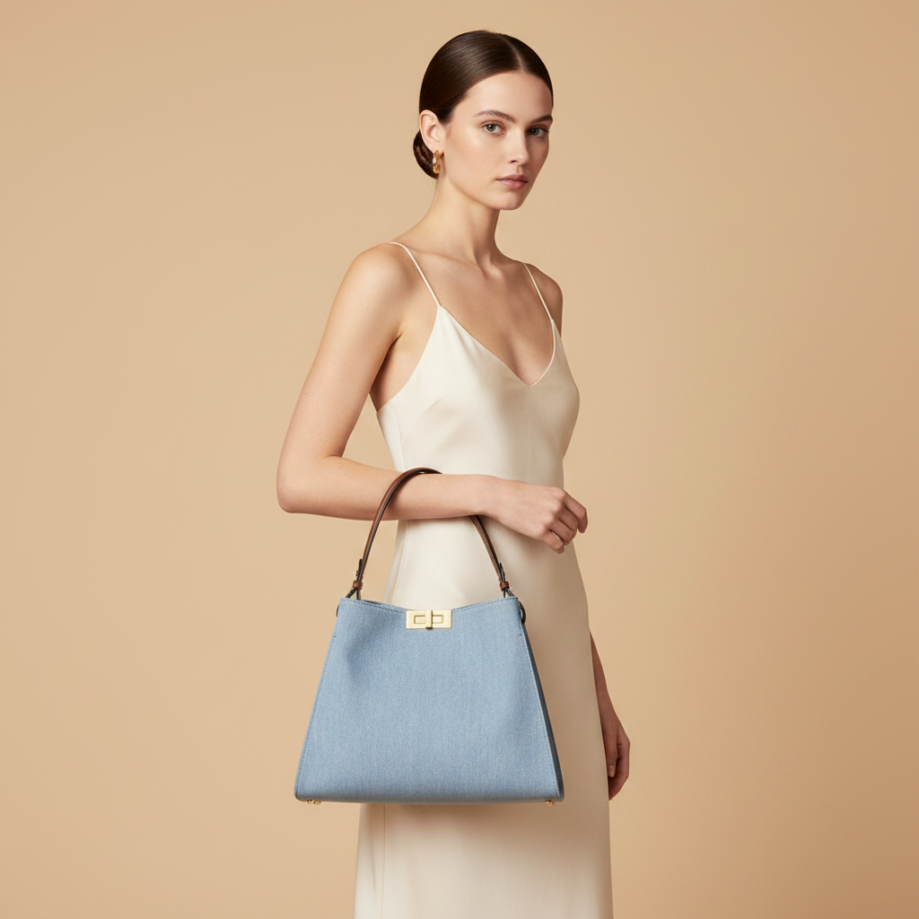 Fendi Way Medium Blue Denim Top-Handle Bag — held by model in studio