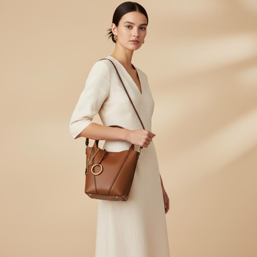 Brown Calf Leather Bos Taurus Shoulder Bag — held by model in studio