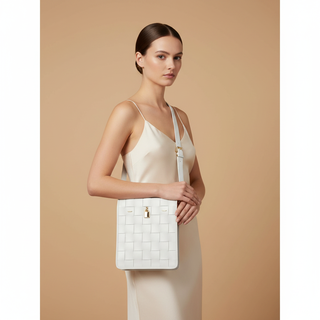 Woven Leather White Crossbody Bag — held by model in studio