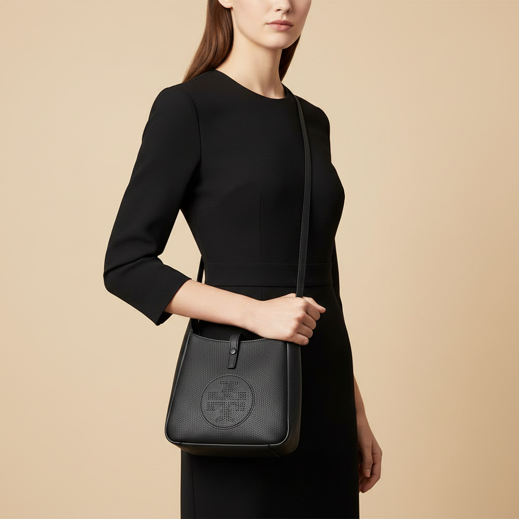 Tory Burch Miller Swing Black Pebbled Leather Crossbody Bag — held by model in studio