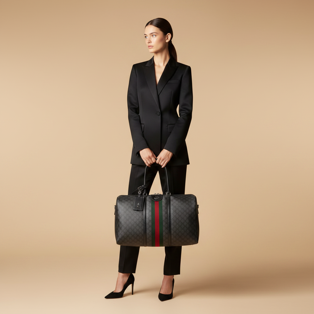 Gucci Web Stripe Travel Duffle in Black GG Canvas — held by model in studio