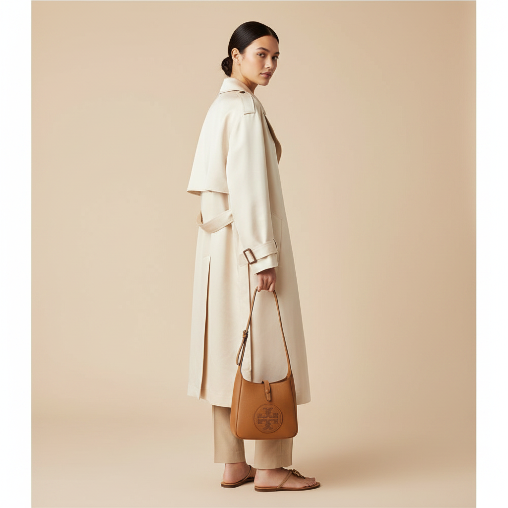 Tory Burch Miller Brown Calf Leather Swing Crossbody Bag — held by model in studio