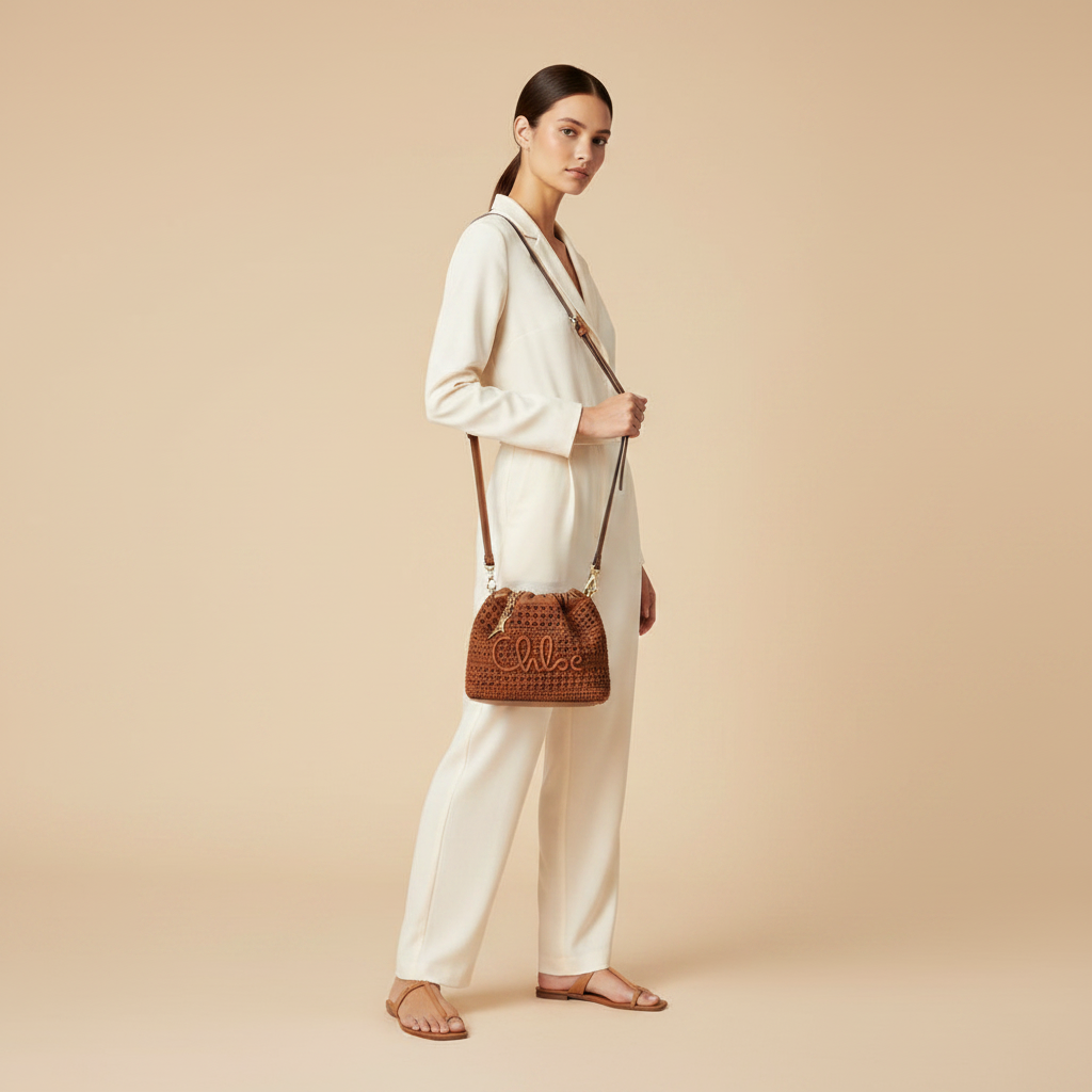 Brown Raffia Shoulder Bag — held by model in studio
