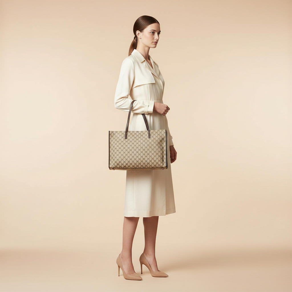 Beige Polyester Shoulder Bag — held by model in studio
