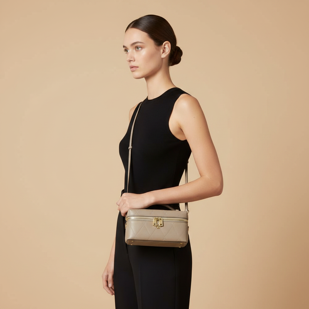 Tory Burch Charlie Gray Quilted Leather Vanity Case — held by model in studio