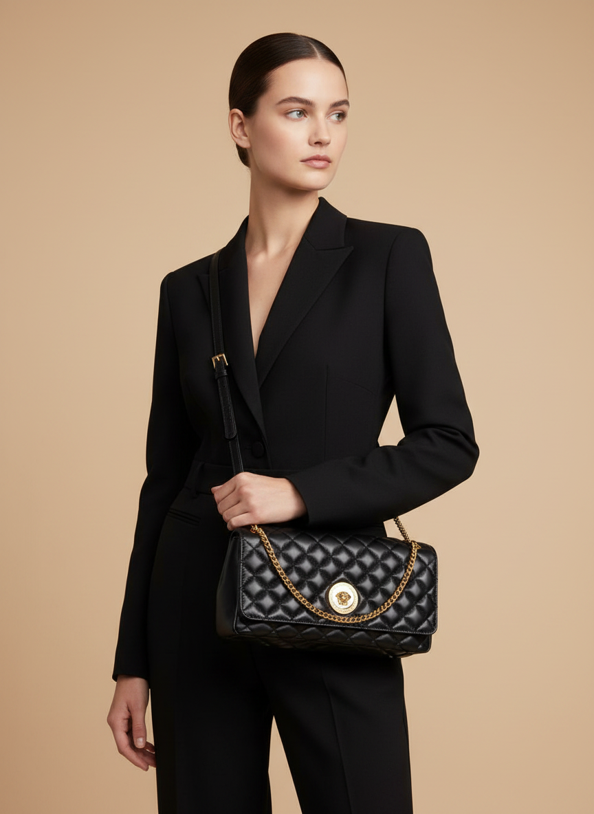 Versace Greca Goddess Quilted Black Lambskin Shoulder Bag — held by model in studio