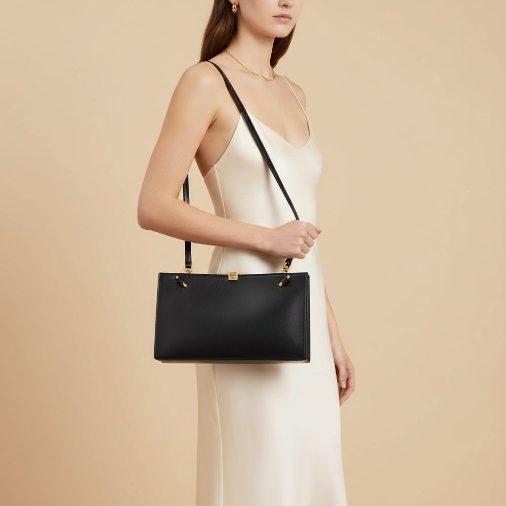 Versace Severine Black Calf Leather Shoulder Bag — held by model in studio