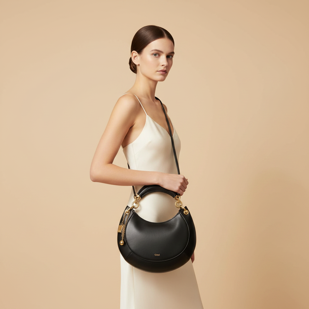 Black Calf Leather Bos Taurus Shoulder Bag — held by model in studio