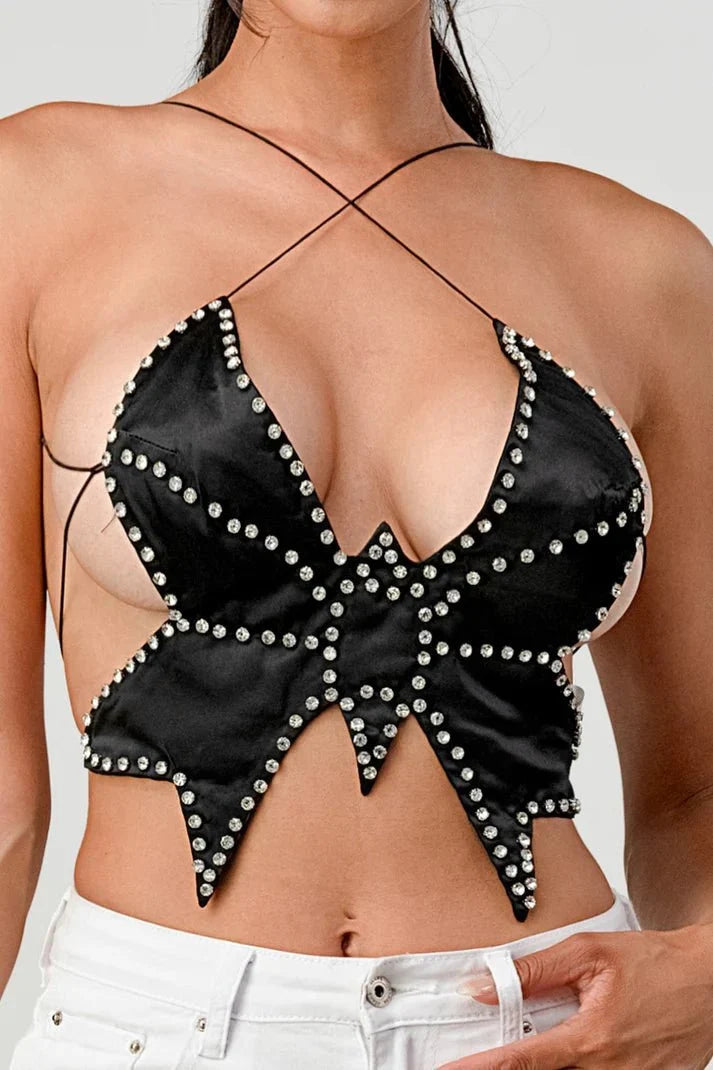 Vyxen Rhinestone Butterfly Halter Top – Sparkly Festival & Going Out Top for Women