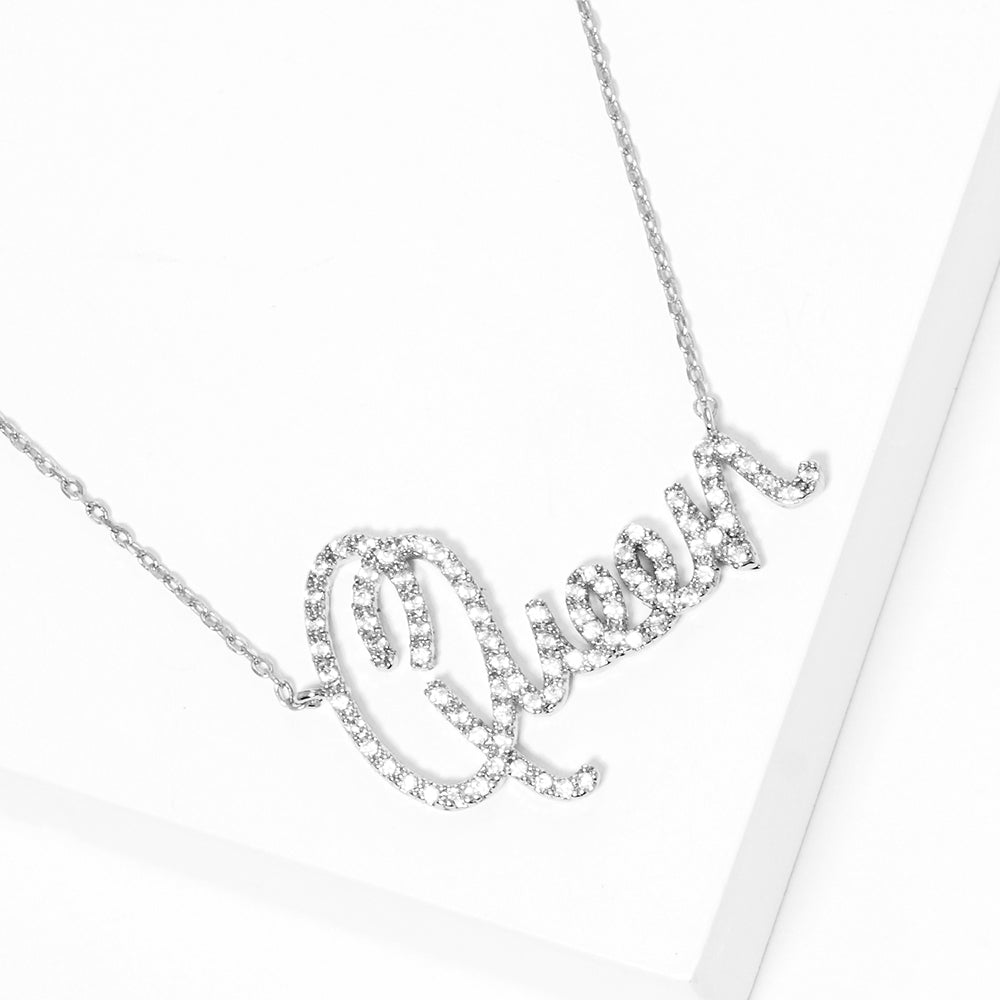 White Gold Dipped CZ Queen Message Pendant Necklace