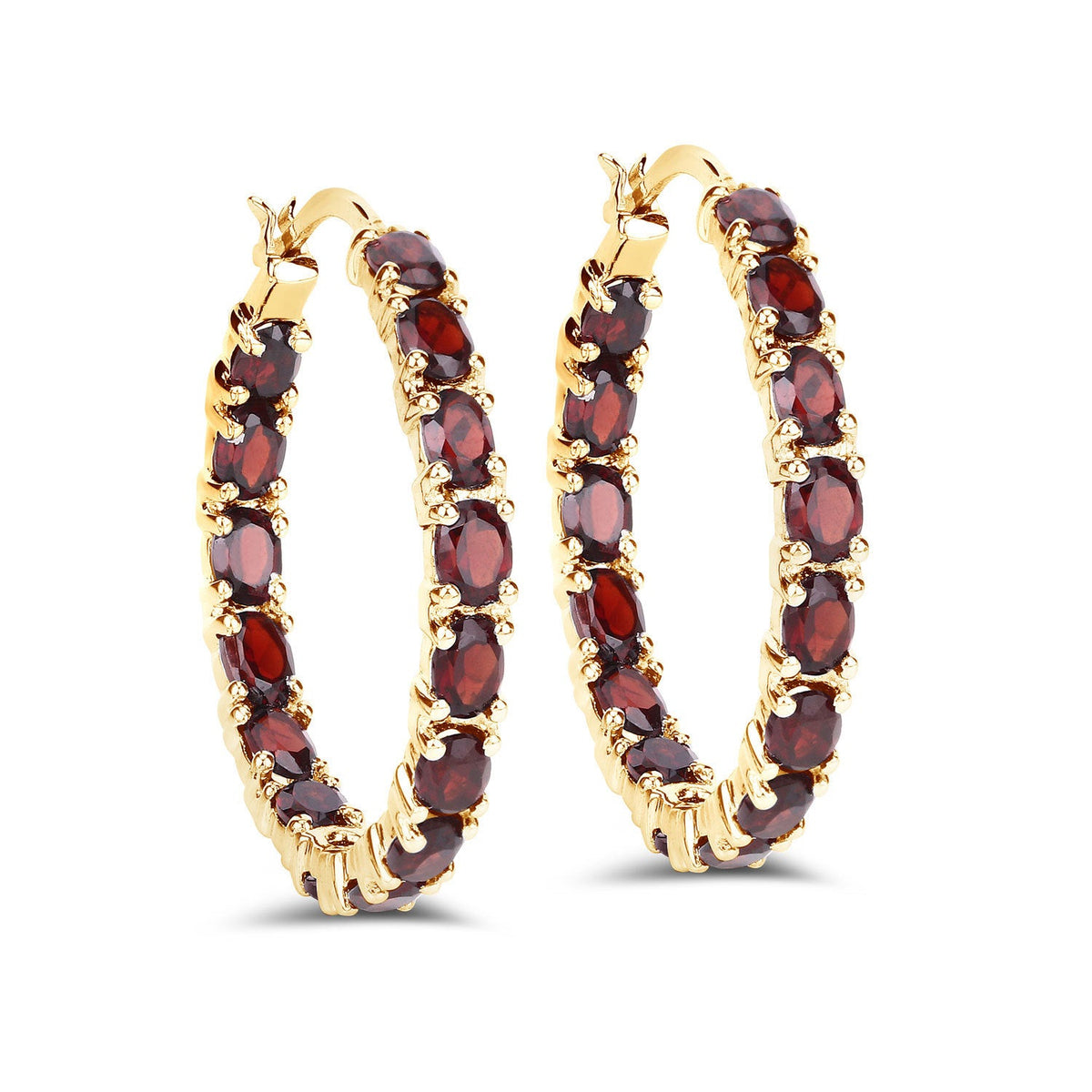Sterling Silver 14K Yellow Gold Plated Garnet Hoop Earrings