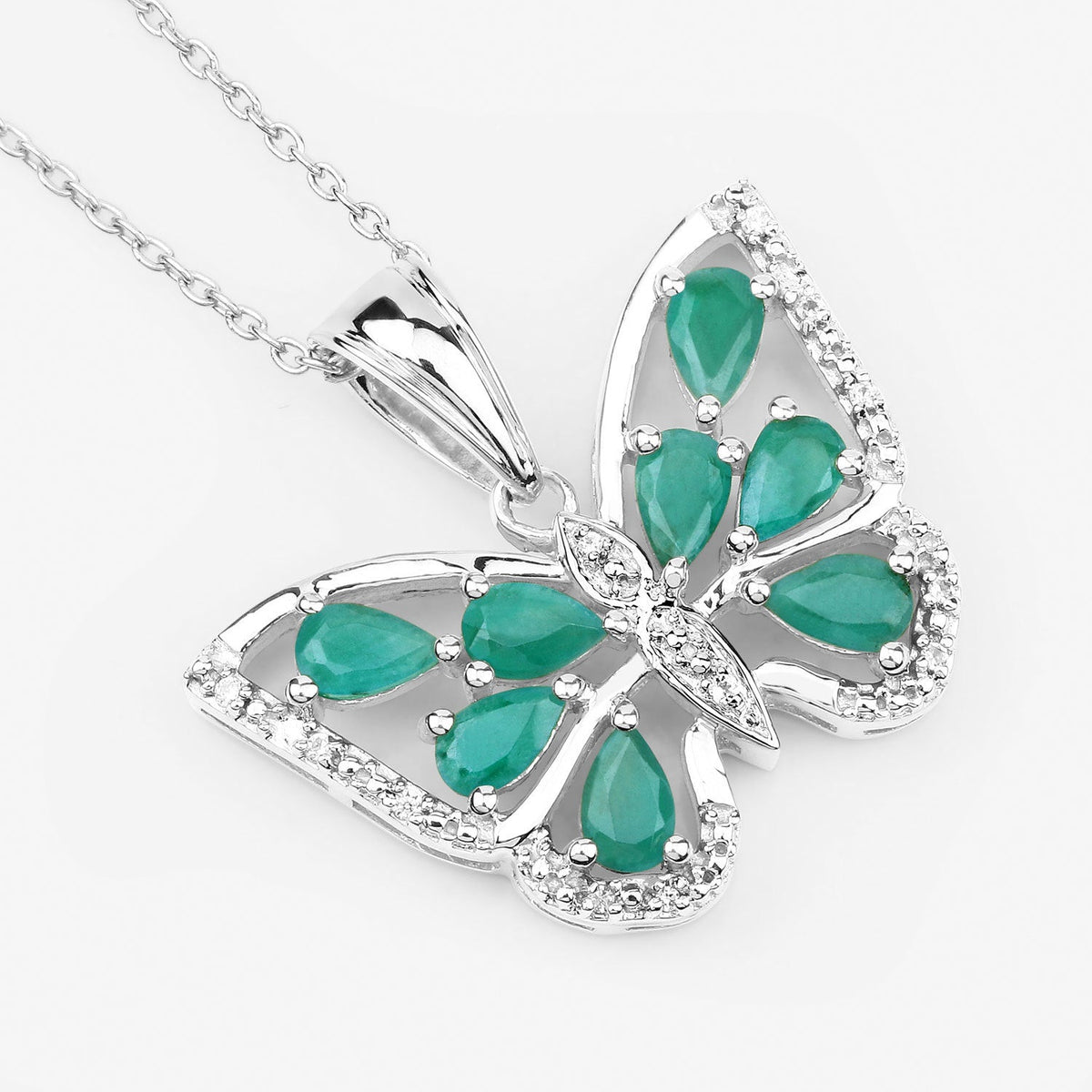 Sterling Silver Emerald and White Zircon Butterfly Pendant