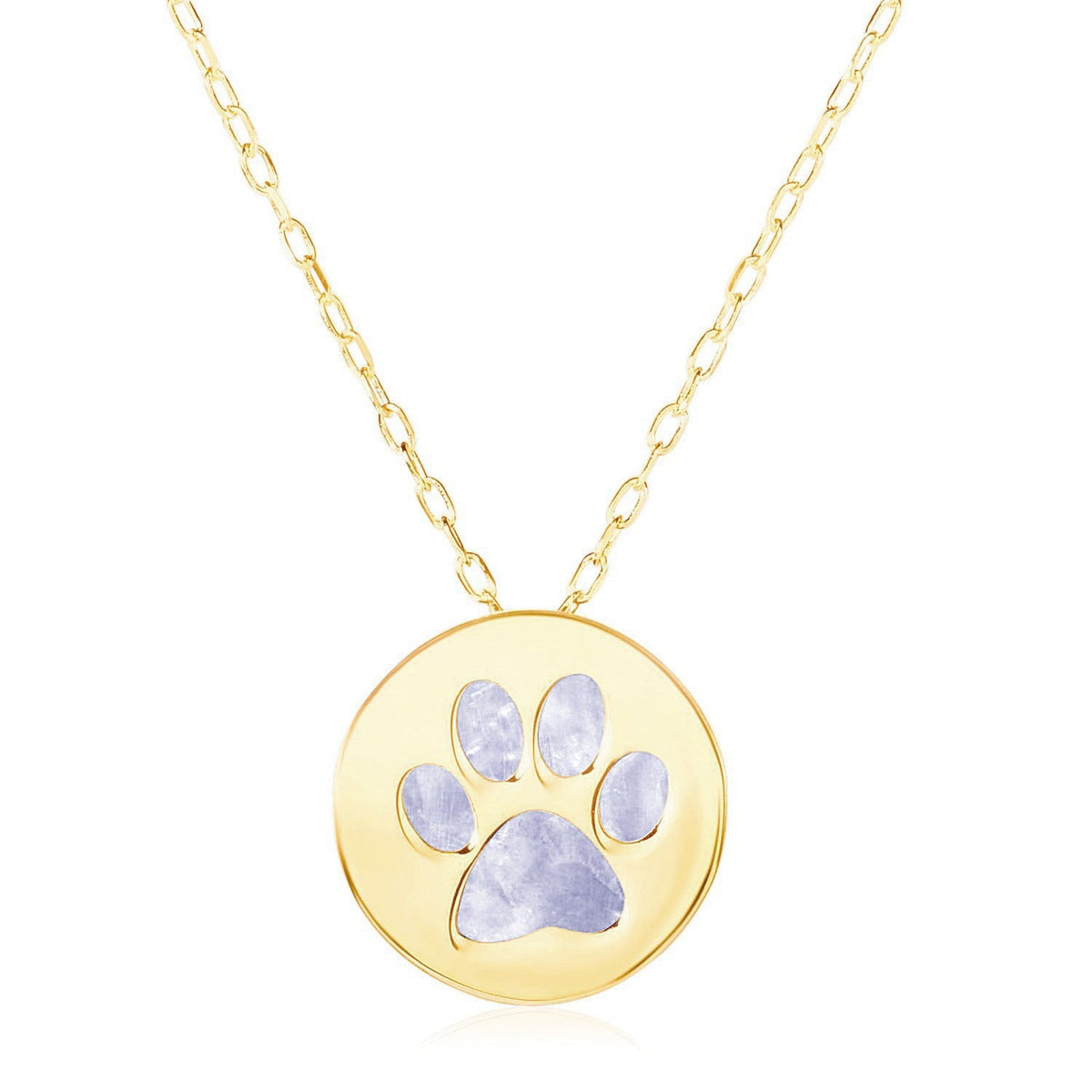 14K Yellow Gold Mother of Pearl Dog Paw Print Necklace