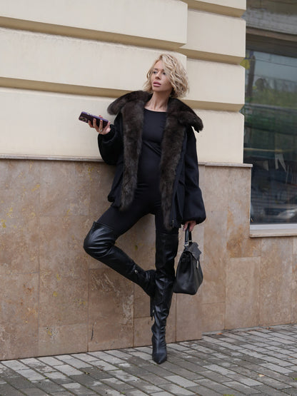 Rimini Genuine Fur Trim Wool Blend Parka in Black
