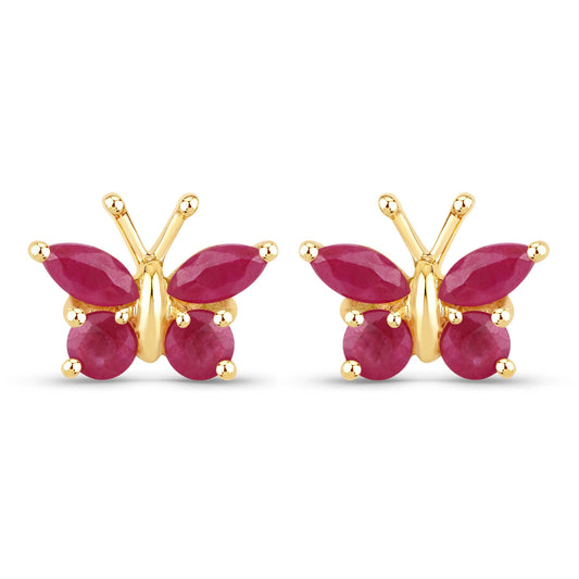 14K Yellow Gold-Plated Sterling Silver Ruby Butterfly Stud Earrings