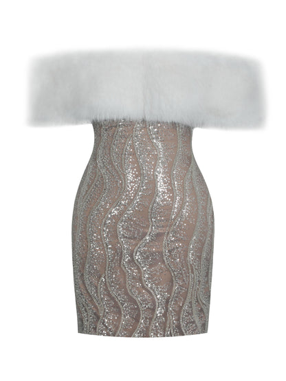 Averie White Fur Off-Shoulder Beige Sequin Mini Dress