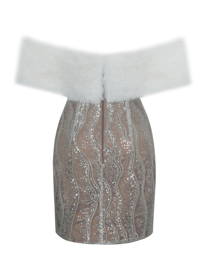 Averie White Fur Off-Shoulder Beige Sequin Mini Dress
