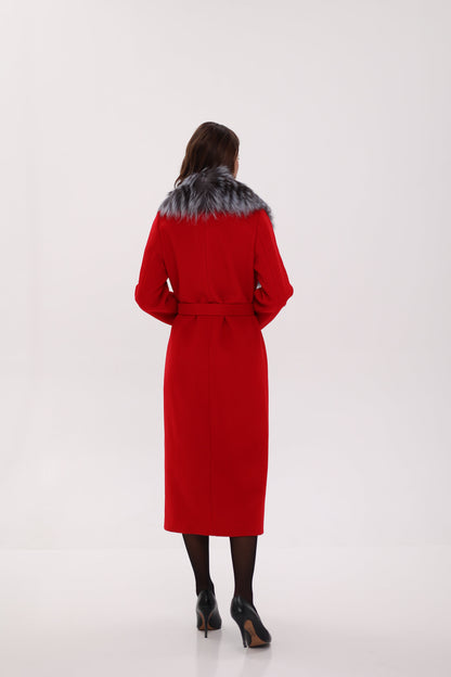 Silver Fox Virgin Wool Wrap Coat in Red