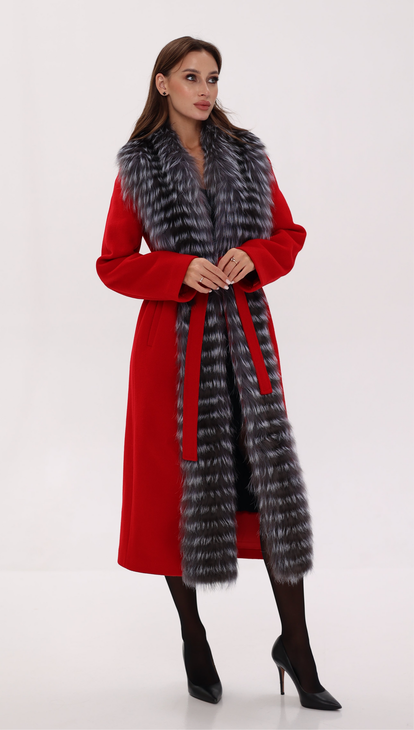 Silver Fox Virgin Wool Wrap Coat in Red