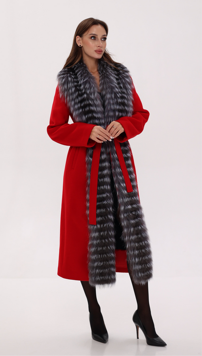 Silver Fox Virgin Wool Wrap Coat in Red