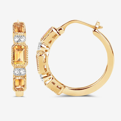 14K Yellow Gold Plated Sterling Silver Citrine and White Topaz Hoop Earrings