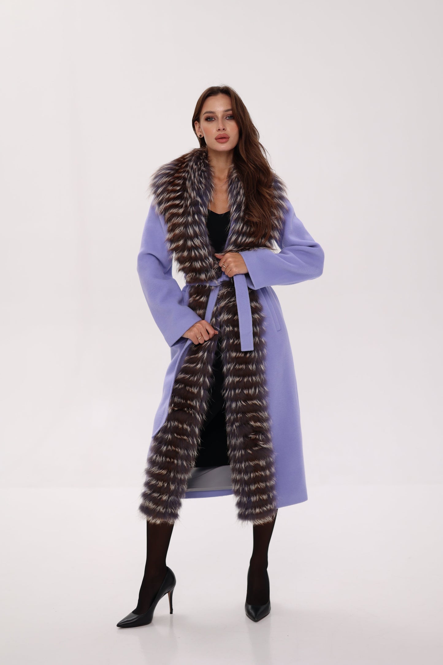 Silver Fox Virgin Wool Wrap Coat in Lavender