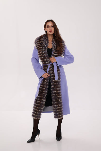 Silver Fox Virgin Wool Wrap Coat in Lavender