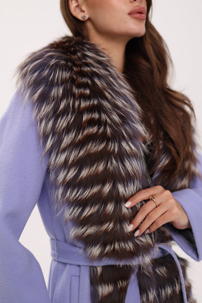 Silver Fox Virgin Wool Wrap Coat in Lavender