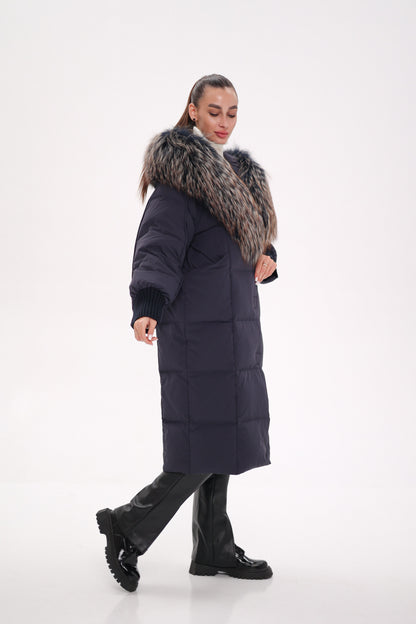Rei Fur Trim Hooded Down Coat Navy