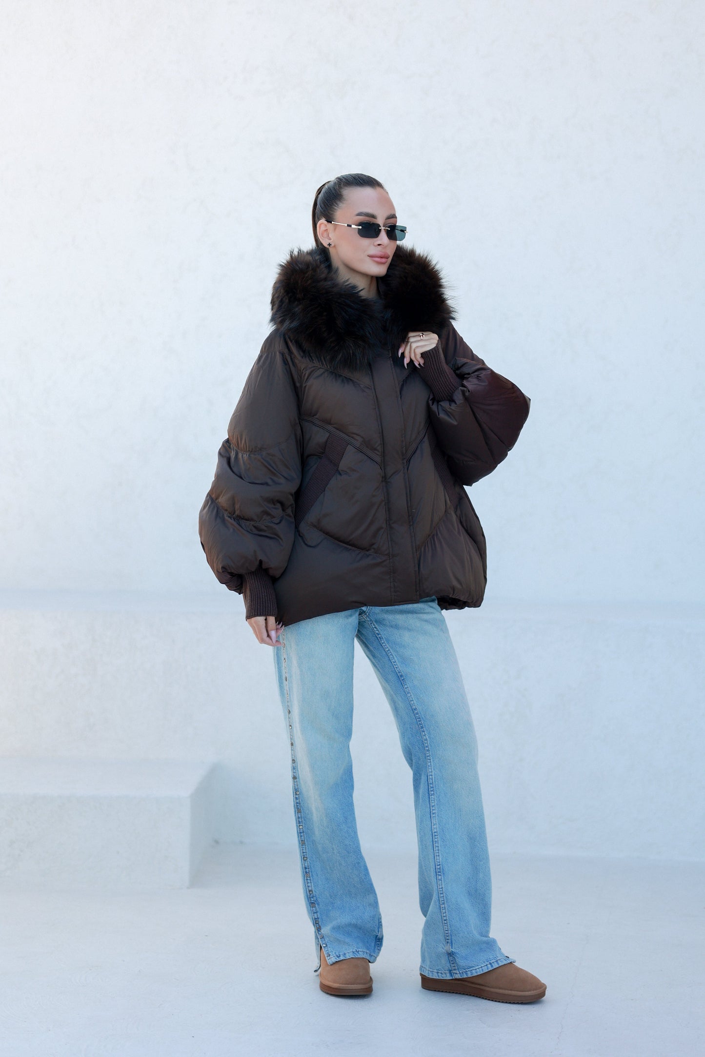Chantal Fur Trim Down Fill Coat Chocolate Coat