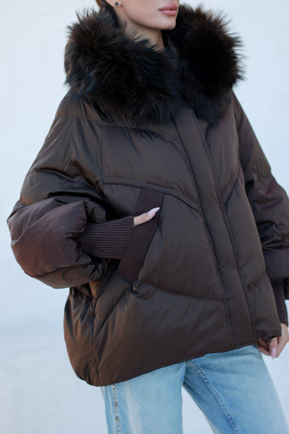 Chantal Fur Trim Down Fill Coat Chocolate Coat