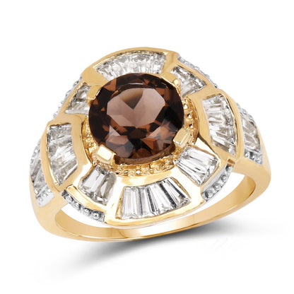 14K Yellow Gold Plated Sterling Silver Smoky Quartz & White Topaz Ring