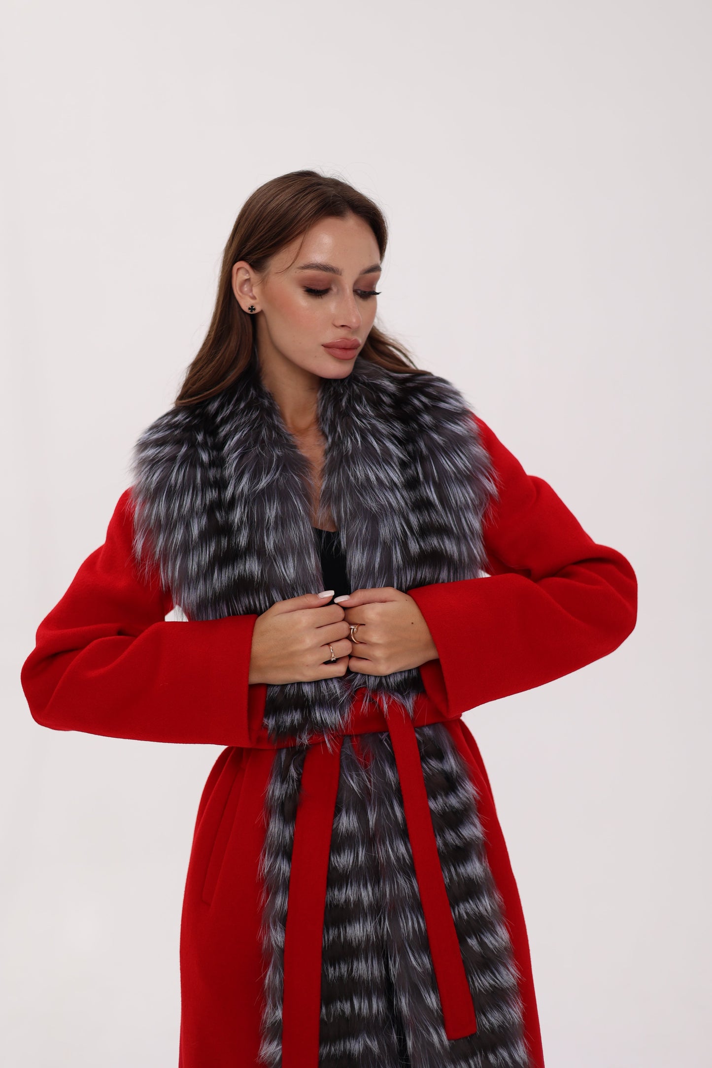 Silver Fox Virgin Wool Wrap Coat in Red