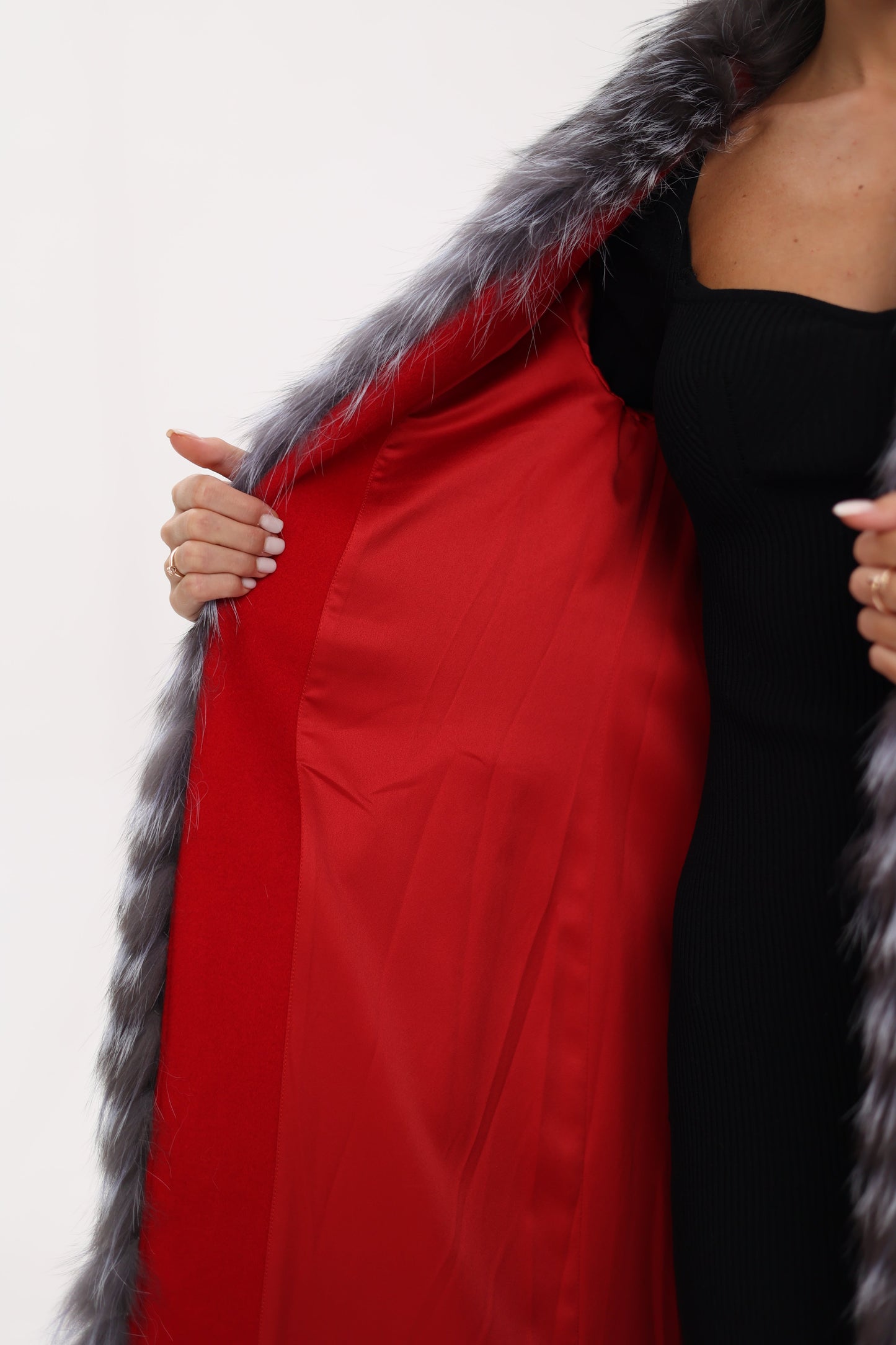 Silver Fox Virgin Wool Wrap Coat in Red