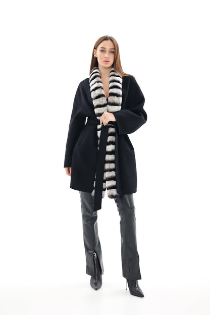 French Orylag Fur Italian Cashmere Wool Coat 85cm