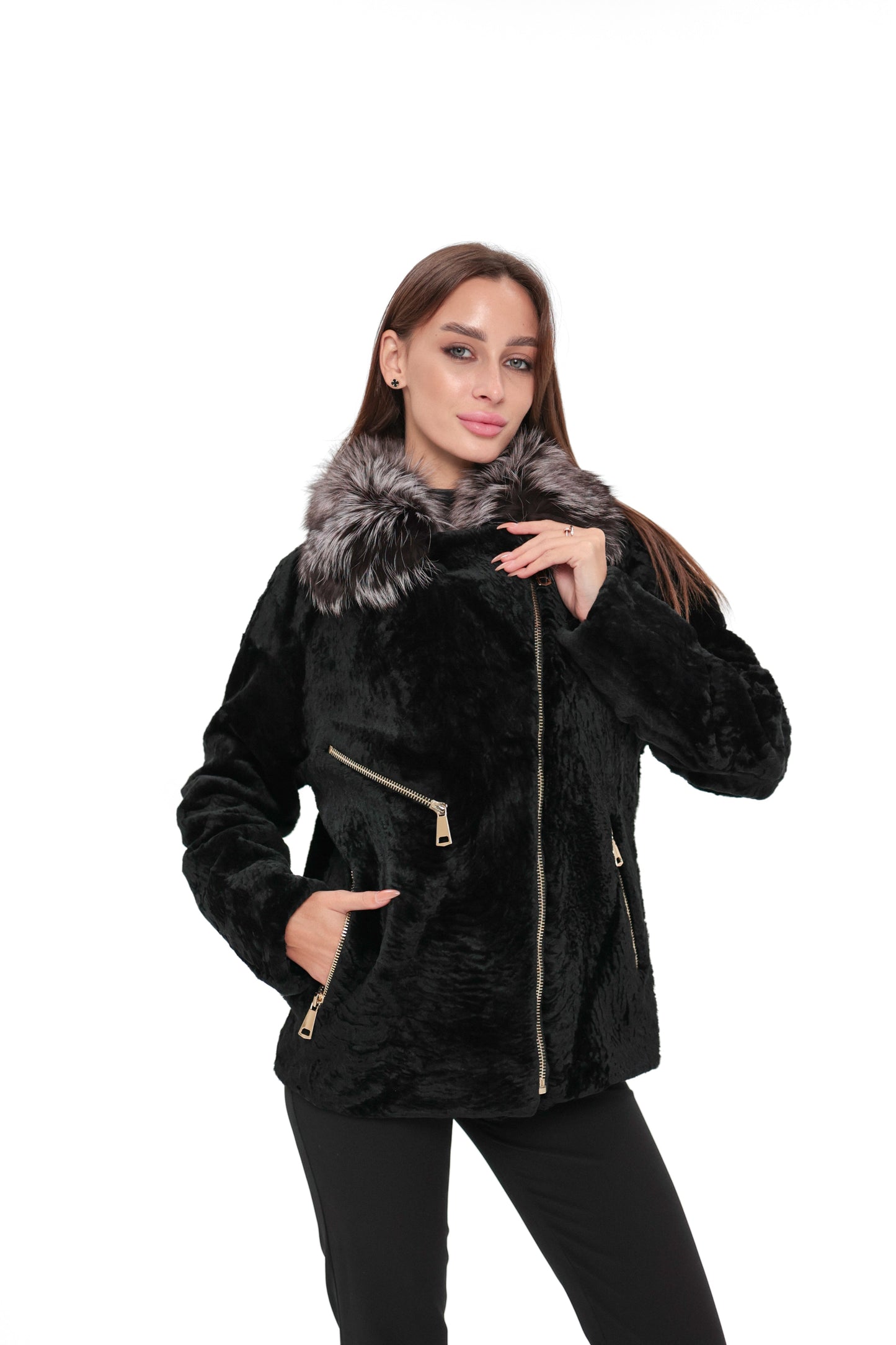 Bari Genuine Astrakhan Silver Fox Trim Coat