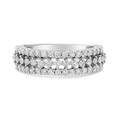 14K White Gold Round Diamond Split Shank Three Row Band Ring