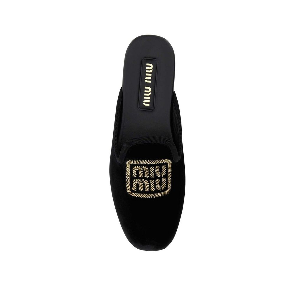 Miu Miu Logo Black Velvet-Effect Calfskin Mules