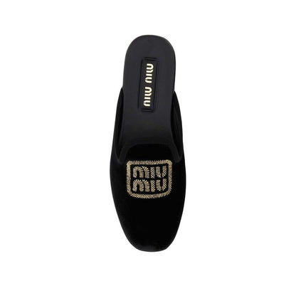 Miu Miu Logo Black Velvet-Effect Calfskin Mules