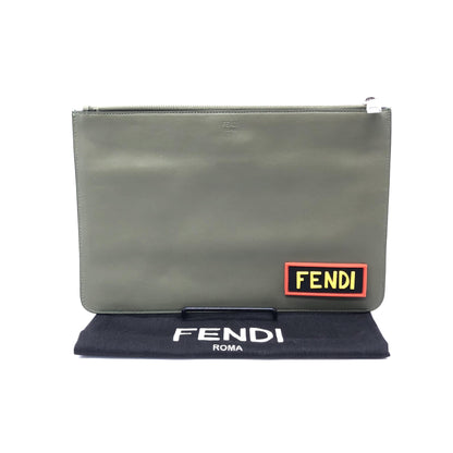 Moss Green Leather Clutch With Logo