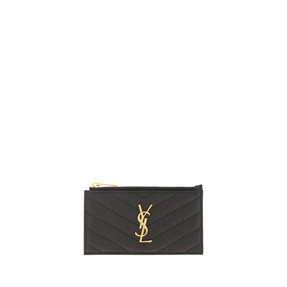Saint Laurent Cassandre Fragments Zipped Card Case Black Smooth Leather