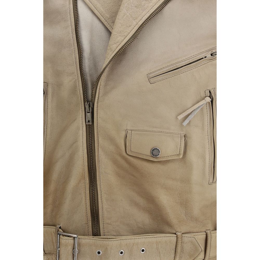 Golden Goose Journey Beige Leather Biker Jacket